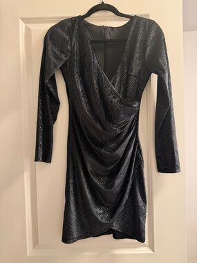 Black Sparkle Wrap-Front Long Sleeve Dress
